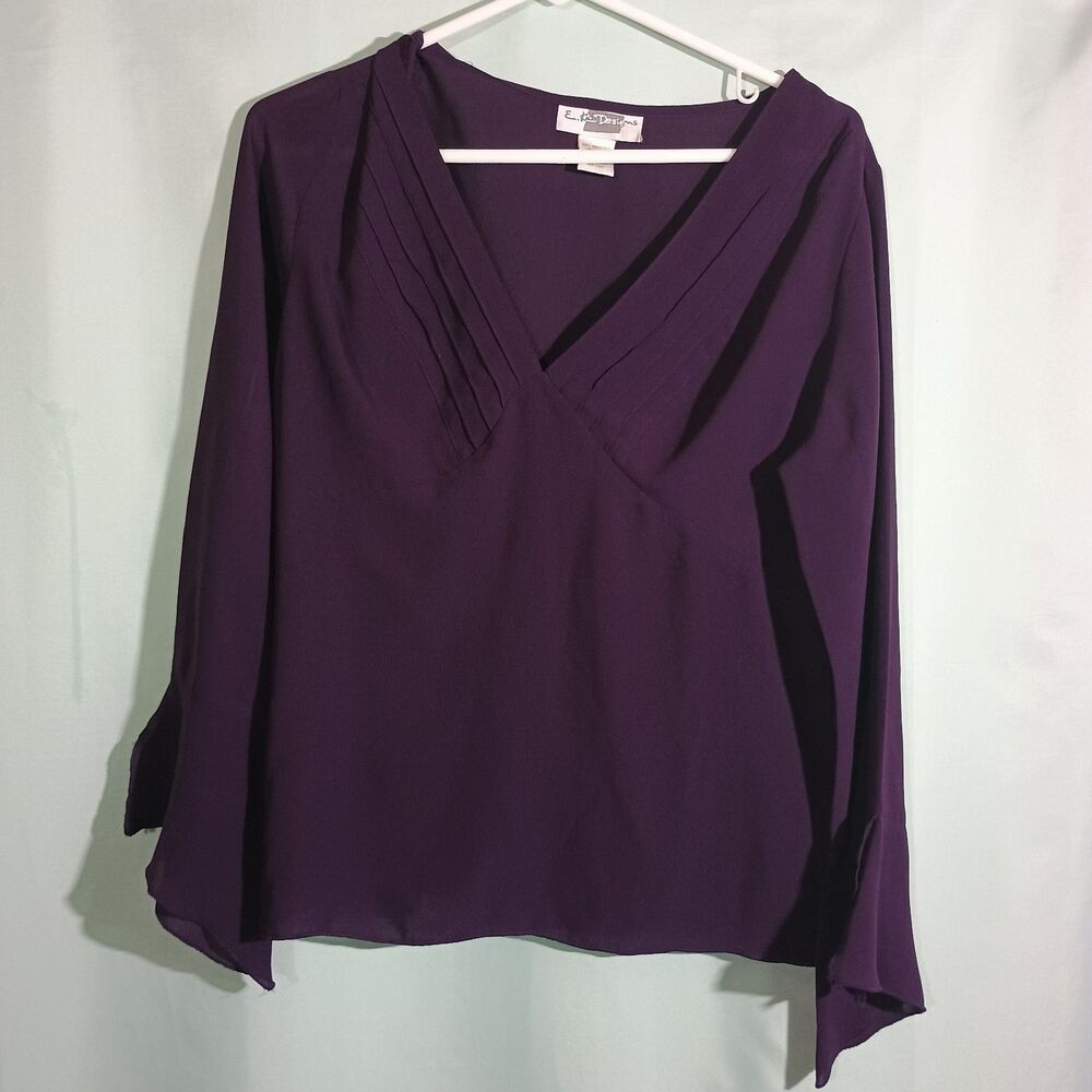 Leslie Fay Purple Blouse Long Sleeve Pleated V Neck Dressy Top